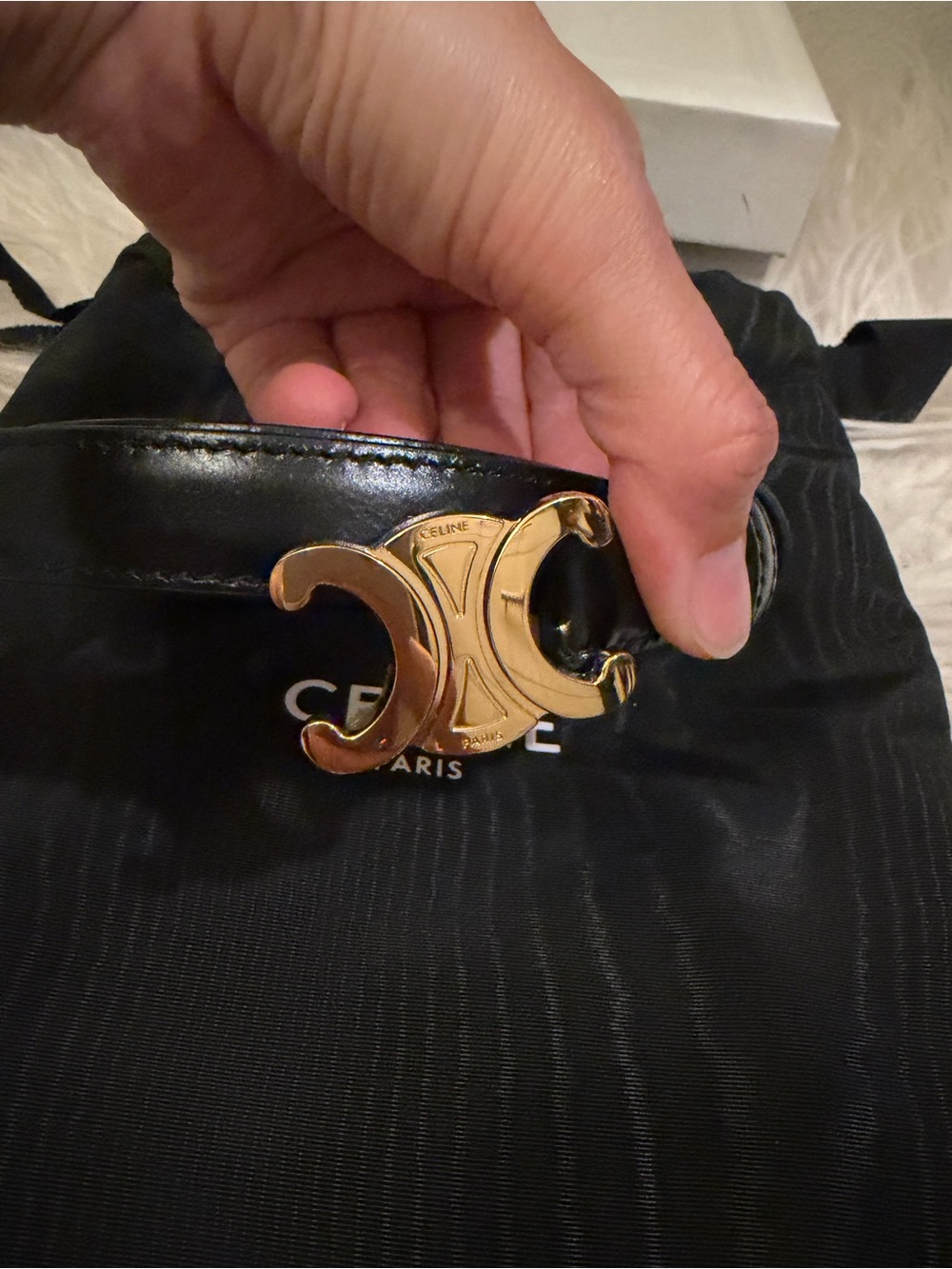 CELINE Black Leather Belt with Gold Triomphe Buckle